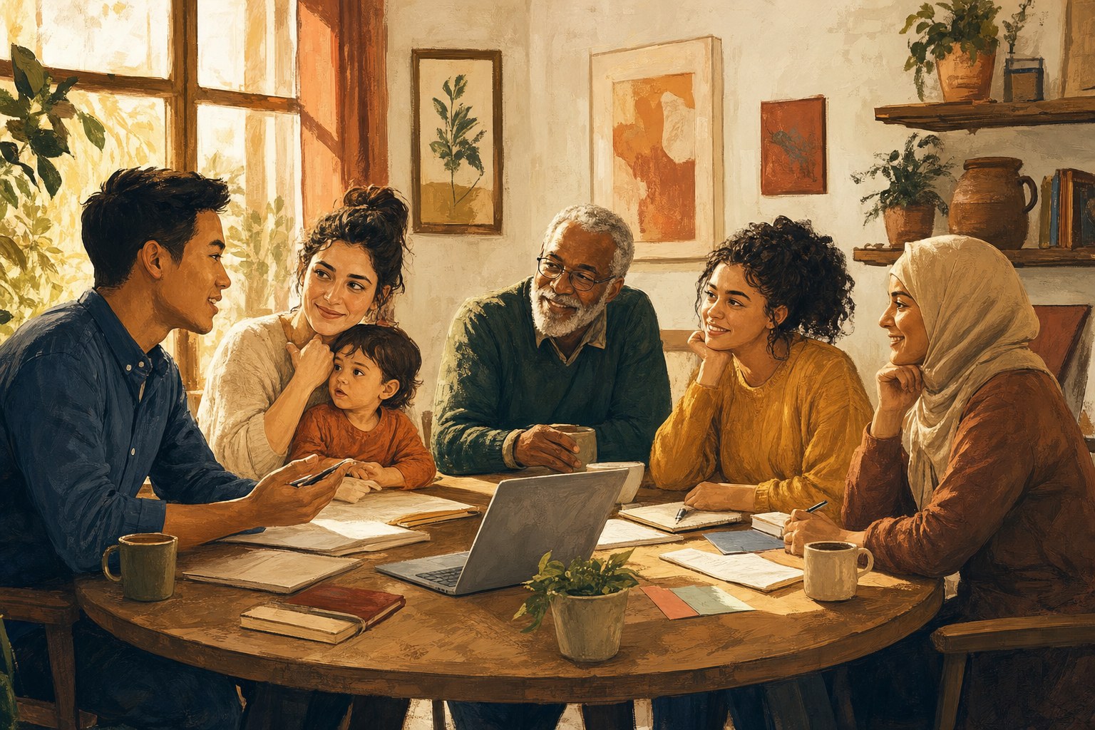 Five people of different ages and backgrounds gathered warmly around a table with a laptop and notebooks, in conversation