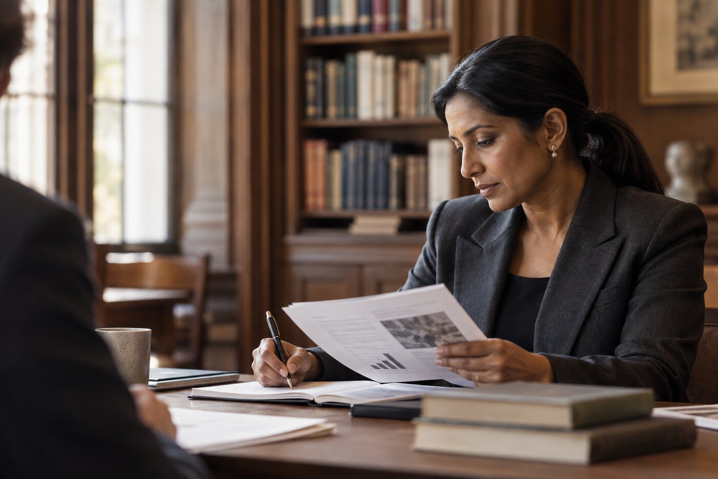 A consultant in a thoughtful strategy conversation