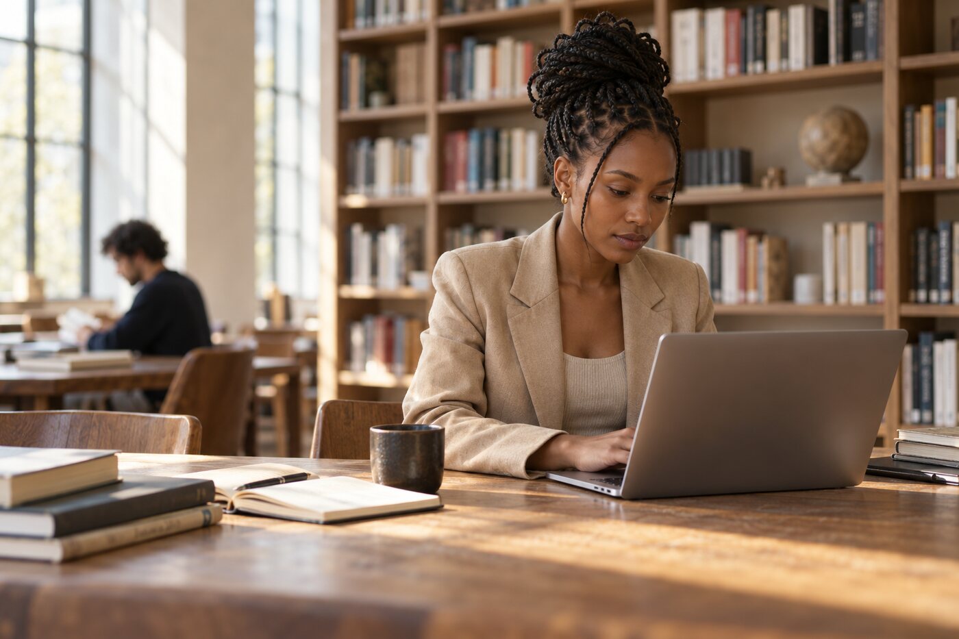 A Black woman thoughtfully working with a laptop in a library