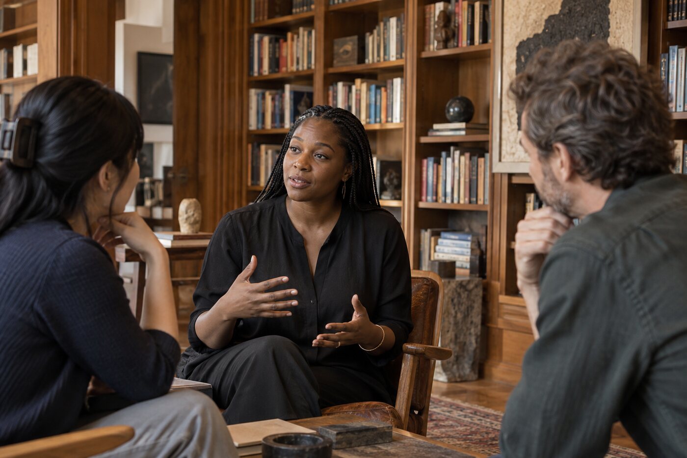 A diverse small group sharing ideas in conversation
