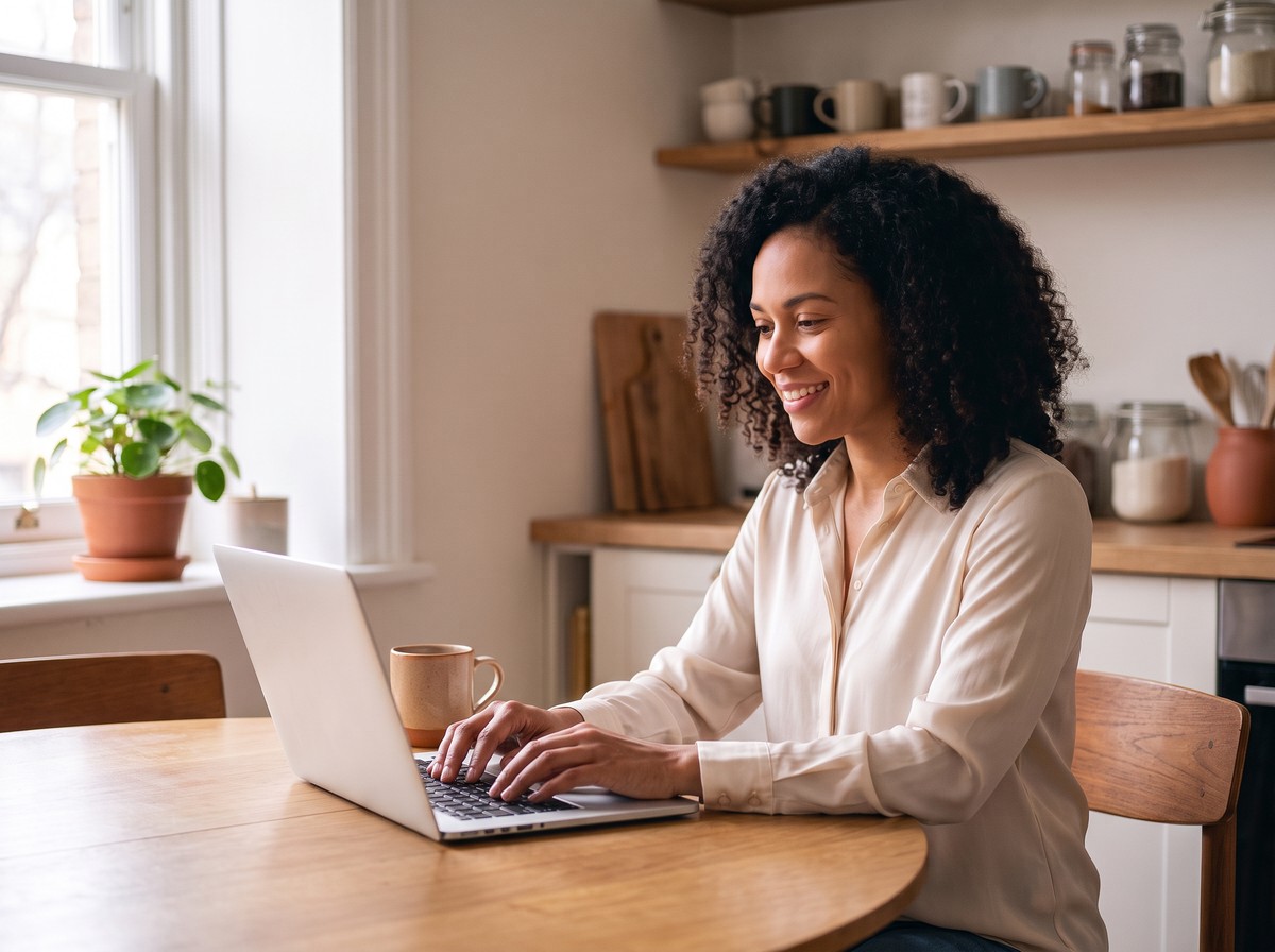 A woman reviewing her printed resume beside an open laptop at her kitchen table