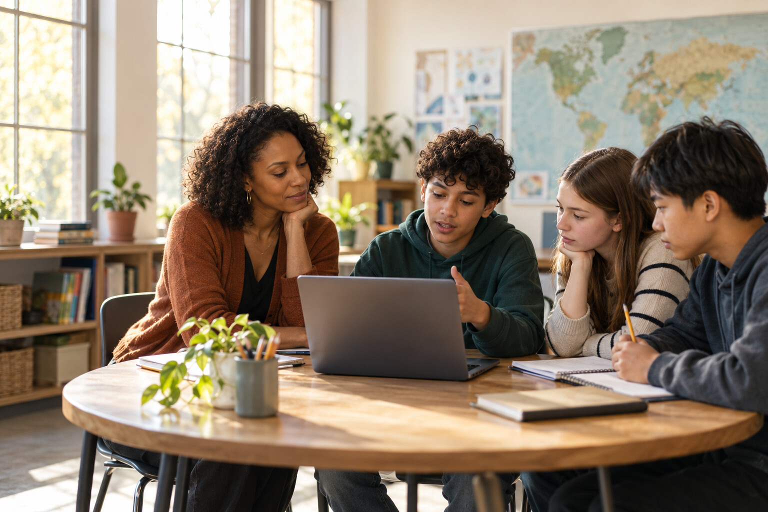 A Black educator and three students in a thoughtful classroom discussion around an unbranded laptop