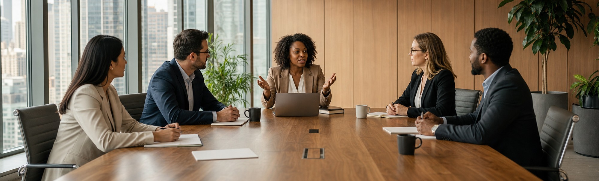 A diverse executive team in an active discussion during a modern business meeting