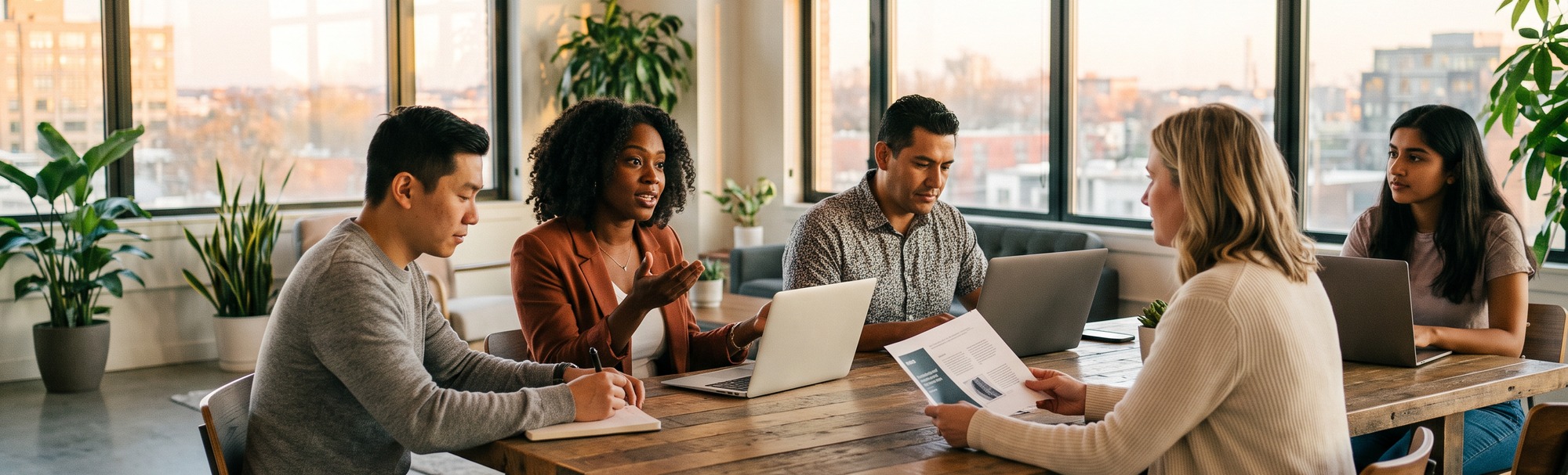 A visibly diverse group of professionals and students collaborating around laptops at a shared table in a modern workspace
