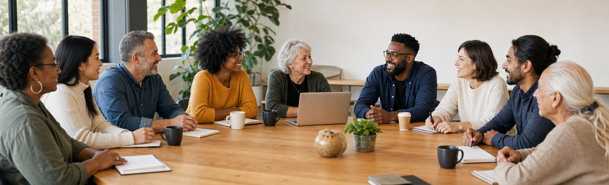 A multicultural group of colleagues gathered around a table in active conversation