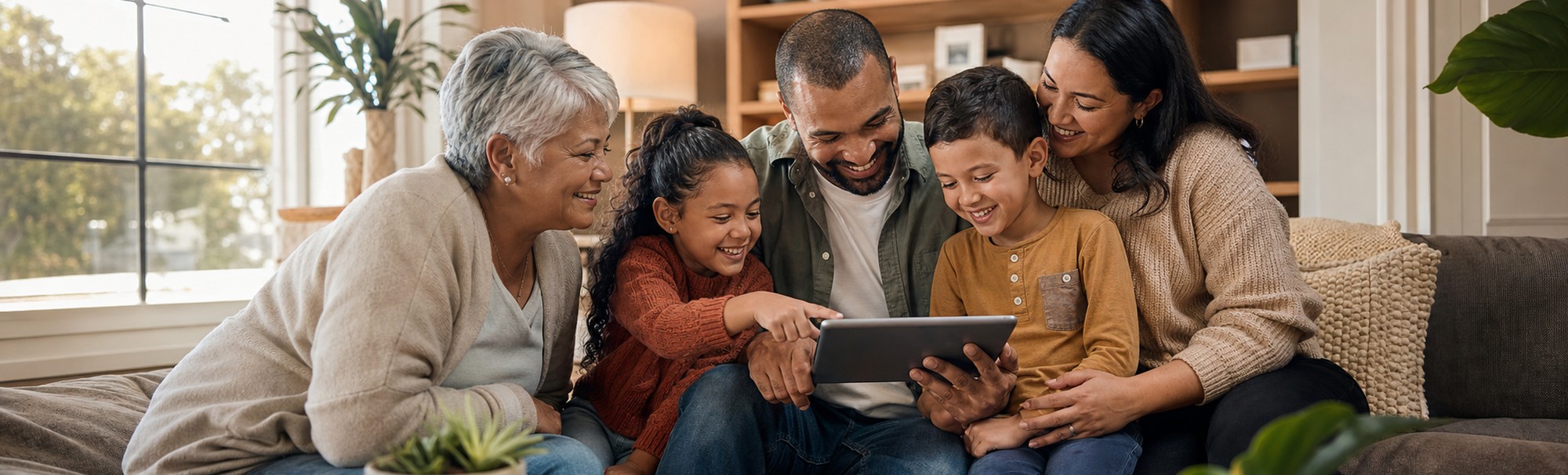 A diverse family gathered together in a warm, welcoming living space